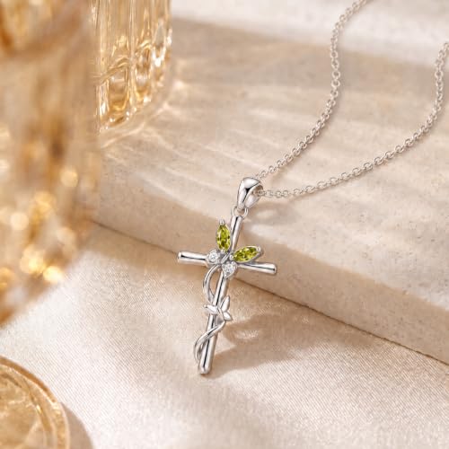 Distance Cross Necklace for Women 925 Sterling Silver Jewelry Pendant Necklace for Mom Wife Gift for Mother's Day or Birthday - style: 08-Peridot