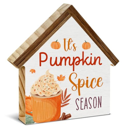 Fall Home Decor, It's Pumpkin Spice Season House Shaped Wood Block Sign - color: Pumpkin