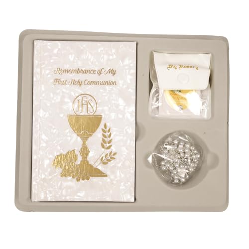 Needzo Timeless White First Communion Boxed Set – The Lord’s Supper Essentials, Scapular, Pin, Rosary, For Ages 15+, Booklet & Pouch