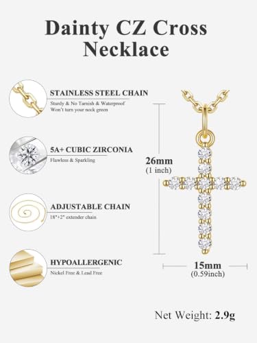 U7 Cross Necklace for Women,CZ Cross Pendant Necklace 18"+2" - color: Gold