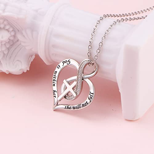 S925 Sterling Silver Christian Cross Heart Faith Bible Verse Necklace Rings - style: God is within her she will not fall..