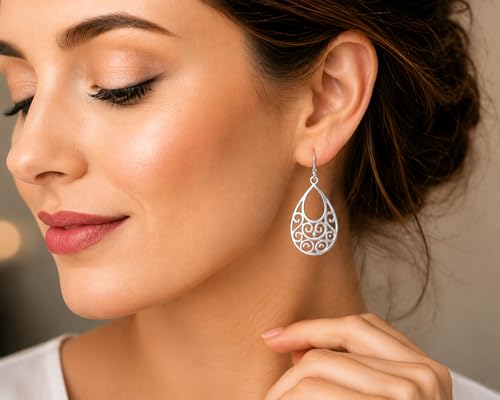 Sterling Silver Plated Dangle Earrings for Women, Oxidized Filigree Boho Vintage Jewelry, Lightweight Drop Earrings, Floral Peacock Angel Wing Leaf Designs, Gift for Women - color: Peacock Dangle Drop