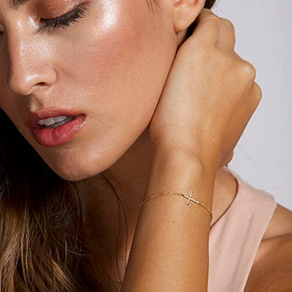 Moodear Cross Bracelet for Women, Dainty Sterling Silver/Gold Plated Gift - color: CZ Gold Cross Bracelet