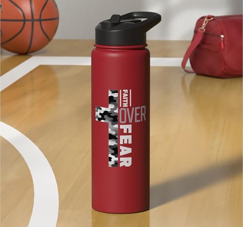 Faith Over Fear Christian Camo Cross Religious Bible Verse Stainless Steel Insulated Water Bottle - color: Red