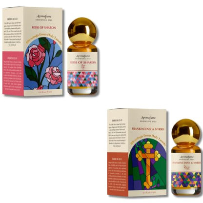 Rose of Sharon & Frankincense & Myrrh Anointing Oil Pack | Blessings from The Holy Lands | Blessed from Jerusalem | Christian Gifts | Biblical Spices | 2 x 9ml Each