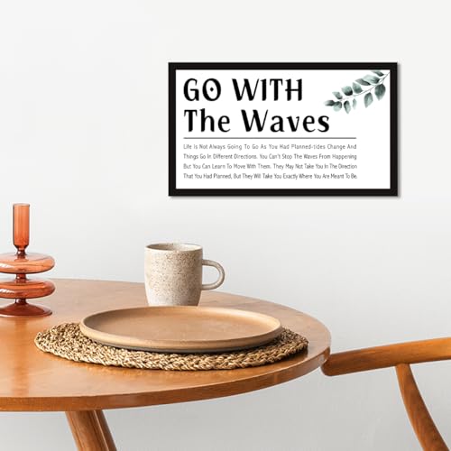 Go With the Waves Inspirational Wood Box Sign,Motivational Quote Wooden Block Sign Desk Decor for Home Office Bedroom Shelf Tabletop Decor - style: Go With the Waves