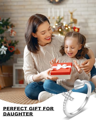 To My Daughter Ring from Mom 925 Sterling Silver Cross Ring Pray on/over/through It Rings Adjustable Anxiety Relief Rings Inspirational Cheer up Birthday Gifts for Daughter - color: A2:to my daughter ring