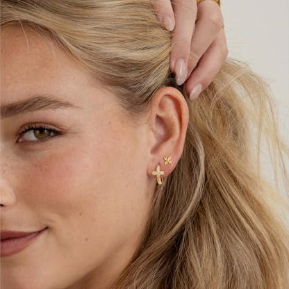 MYEARS Gold Cross Hoop Earrings for Women Trendy 14K Gold Plated Small Hoops Huggie Earrings White Cubic Zirconia Turquoise Minimalist Simple Christmas Christian Cross Jewelry Gifts - color: White