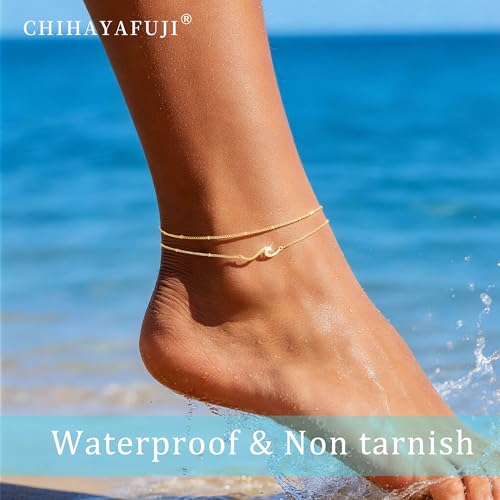 14K Gold/Sterling Silver Plated Ankle Bracelets for Women Waterproof Layered Stackable Sparkly Chain Birthstone Charm Non Tarnish Large Adjustable Birthday Jewelry Gift - color: Gold5