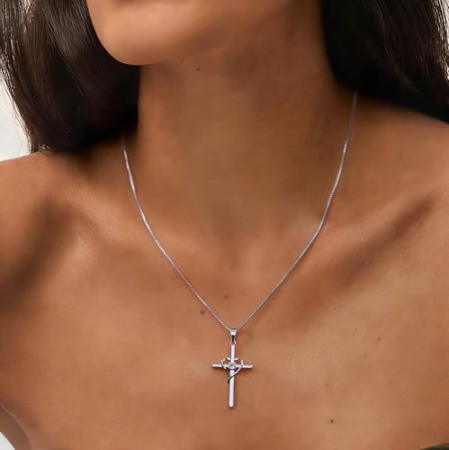 Cross Heart Necklace, 18K Gold Plated Crystal Pendant for Women - color: White