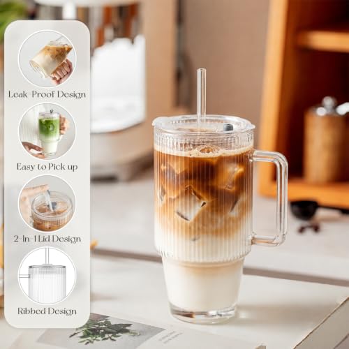 KEMORELA 24oz Ribbed Glass Cup with Lid & Straw,Iced Coffee Cup with Handle - color: 24oz--Ribbed