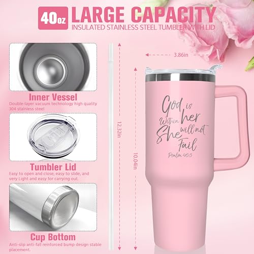 Christian Tumbler with Handle and Straw, 40 oz Vacuum Insulated Water Bottle Stainless Steel, Leak Proof Travel Mug, Inspirational Religious Belief Gifts for Her Women Girl Christmas Mothers Day - color: Pink