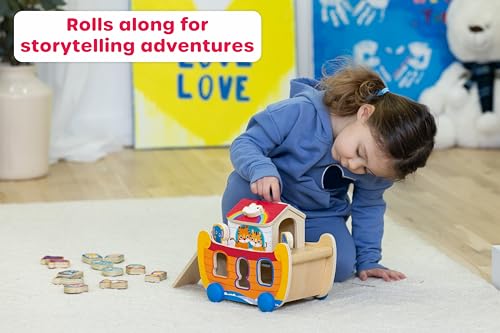 Jasey's Toy Chest Noah's Ark Wooden Sort & Match | 18-Piece Shape Sorting Ark with Animal Pairs, Figures & Ladder | Educational Toy for Toddlers Ages 18+ Months
