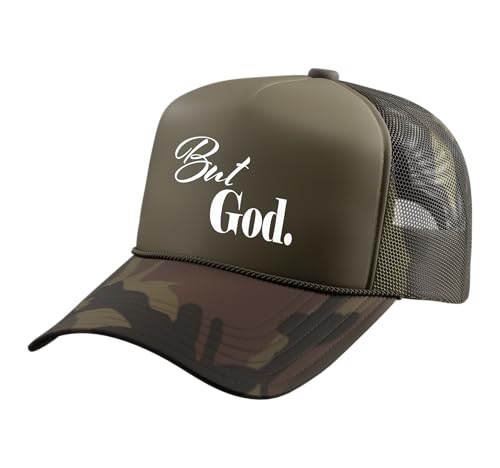 Christian Religious But God Strong Women Men of Faith Gifts Trucker Hat with Adjustable Mesh Back - color: Camo Green