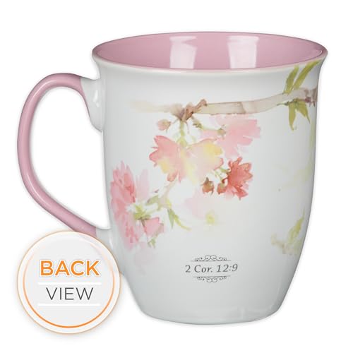 Christian Art Gifts Large Ceramic Inspirational Scripture Coffee & Tea Mug for Women: Grace is Sufficient Silver Bible Verse, Cute Lime Green Hummingbird Novelty Drinkware, White/Pink Floral, 14 oz. - color: Pink/Grace