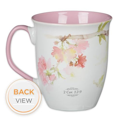 Christian Art Gifts Large Ceramic Inspirational Scripture Coffee & Tea Mug for Women: Grace is Sufficient Silver Bible Verse, Cute Lime Green Hummingbird Novelty Drinkware, White/Pink Floral, 14 oz. - color: Pink/Grace