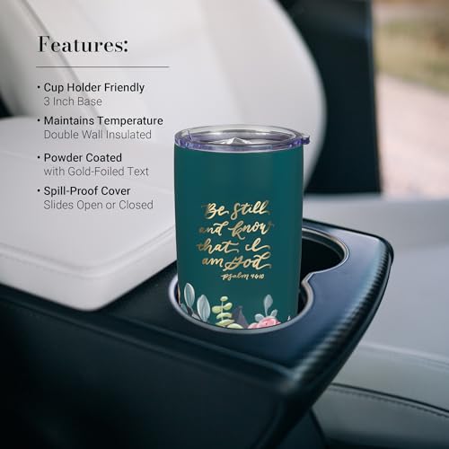 Christian Art Gifts Large Be Still and Know Travel Mug Tumbler for Women - color: Teal Floral/Be Still