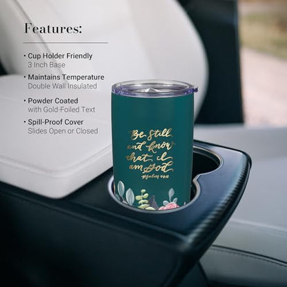 Christian Art Gifts Large Be Still and Know Travel Mug Tumbler for Women - color: Teal Floral/Be Still