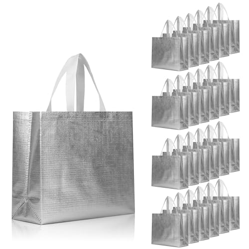 cabzymx 25 Pcs Silver Reusable Gift Bags with Metallic Design, Non-woven Gift Bag Bulk with Handles, Glossy Party Bags for Wrapping Gifts, Birthday, Wedding, Parties, Graduation-12.6x4.7x11 In - color: Silver, size: 1 Count (Pack of 25)