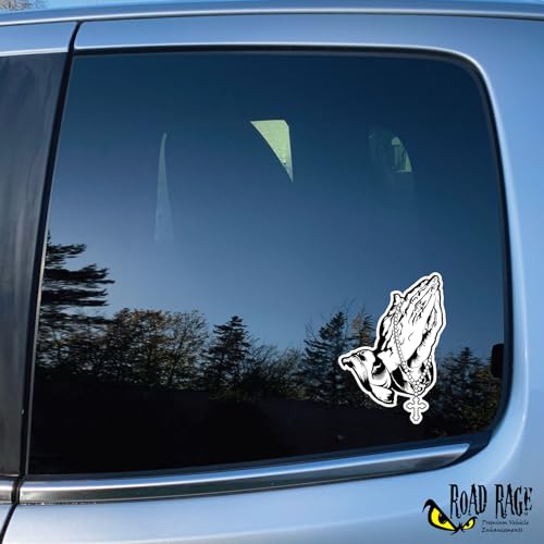 Praying Hands and Rosary Car Decal Show Off Your Faith - Premium Gloss Permanent Vinyl Sticker - Black & White - Waterproof and Weatherproof
