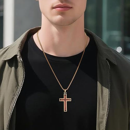 Wooden Cross Necklace for Men With Stainless steel And Black Ebony Adjustable Box Chain 24–26 inches Suitable for Everyday Wear And Christian Gifts for Men - color: Gold-A