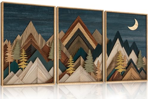 HPINUB Vintage Mountain Woodcut Style Framed Canvas Wall Art Set-16"x24"x3 - color: Woodcut Mountain Wall Art, size: 16"L x 24"W