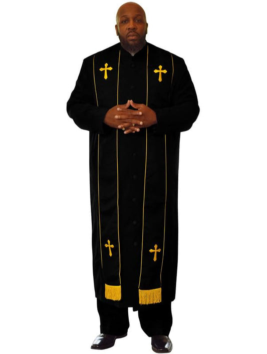 Clergy Robe for Men Pastor with Bordered Stole Black w/Black/Gold Stole Size 60