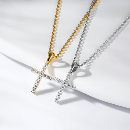 LANE WOODS Moissanite Small Cross Necklace for Women: Dainty Tiny 14K Gold Plated Sterling Silver Pendant Simulated Diamond Layered Chain Necklace Minimalism Jewelry - style: 1-Silver