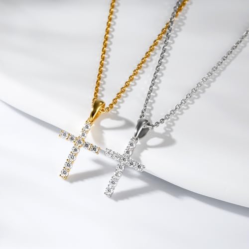 LANE WOODS Moissanite Small Cross Necklace for Women: Dainty Tiny 14K Gold Plated Sterling Silver Pendant Simulated Diamond Layered Chain Necklace Minimalism Jewelry - style: 2-Gold