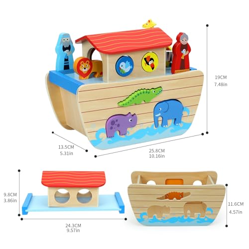 Wooden Noah's Ark Toy Animal Playset for Toddlers,