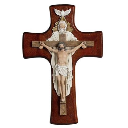 Grace4Joy Holy Trinity Wall Cross, 12 Inches Holy Trinity Crucifix Catholic Home Decor, Hand-Painted Resin Jesus on Wooden Crucifix Religious Housewarming Gifts - color: Cherry