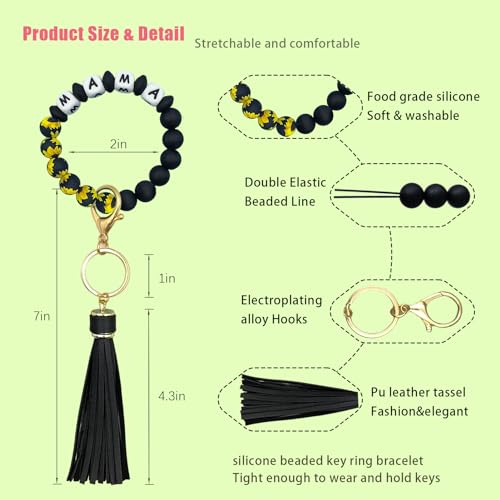 SHINYHARBOR Silicone Beaded Wristlet Keychain Bracelet,Key Wrist Keychains for Women Mom Teachers Best Friend - color: Mama-sunflower