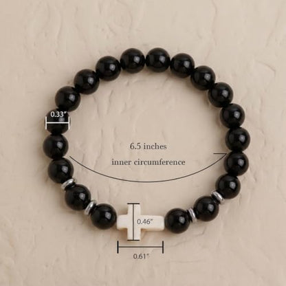 Cross Birthstone Gemstone Beaded Stretch Protection Bracelet for Man Woman, Handmade Healing Stone Chakra Beads Elastic Bracelets Accessories Fashion Jewelry Gift. - color: Black Obsidian