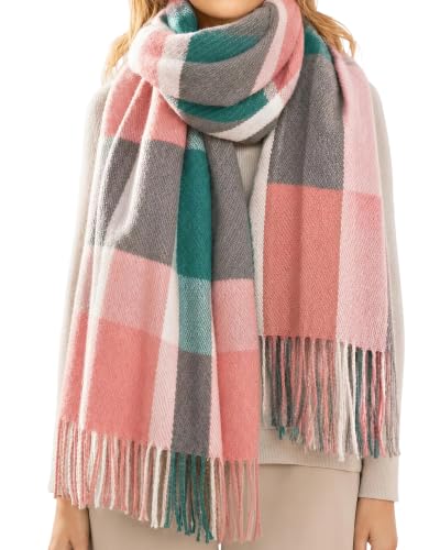 Loritta Winter Scarf for Women, Long Plaid Shawl Wraps Scarves Gifts - color: B-pink Green Lattice