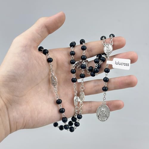 Seven Sorrows of Mary Rosary Wooden Beads Catholic Jewelry Necklace for Pray - color: Black