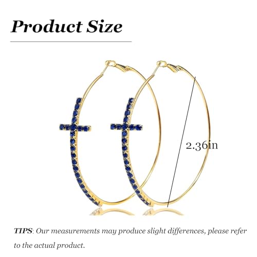 Large Cross Hoop Earrings for Women Sparkly Rhinestone Statement Jewelry for Prom Wedding Party Night Out Accessories Shiny Silver Tone Fashion Dangle Earings - color: Blue