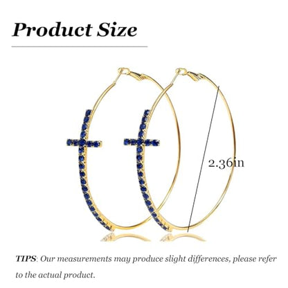 Large Cross Hoop Earrings for Women Sparkly Rhinestone Statement Jewelry for Prom Wedding Party Night Out Accessories Shiny Silver Tone Fashion Dangle Earings - color: Blue