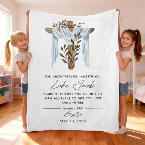 Personalized Baptism Blanket for Boy, Custom Christian Baby Blanket, Cross Christening Throw, Catholic Baptism Gift, Scripture Baby Blankets, Jeremiah 29 11 Blanket, Godson Keepsake, Nursery Decor - color: #Ver3