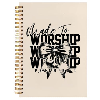 BearCake Christian Coquette Bow Notebook Journal, Made to Worship Prayer Journal for Women, Preppy Christian Gifts for Women, Bible Journaling Neutral Hardcover Spiral Notebook 5.5x8.3 - color: white Bible-951