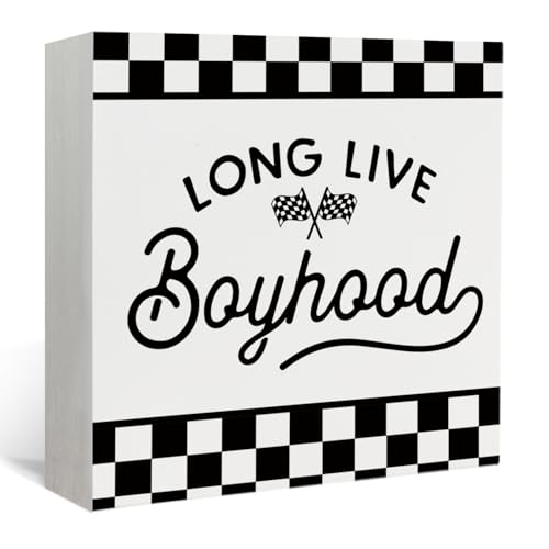 Lacama Long Live Boyhood Wooden Sign Black and White Checkered Boys Room Decor,Race Car Playroom Wall Decor for Kids Nursery Bedroom 5x5 Inches - color: Race Car-Long Live Boyhood (5x5)