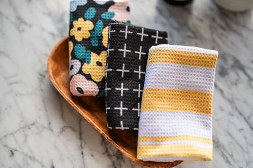 Kitchen Towels, Dish Towels for Kitchen, 3 Pc Kitchen Towel Set - color: Black Yellow