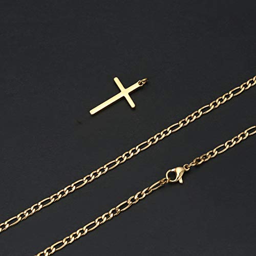 Joxevyia 14K Gold Filled Cross Necklace for Men Figaro Chain Stainless Steel Polished Cross Pendant Necklace Simple Baptism Faith Jewelry Gift - size: 20 inches, style: small cross (1.0"*0.6")