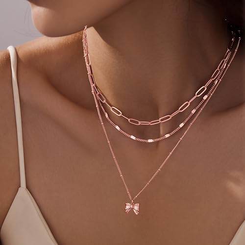 Poxtex Layered Gold Necklaces for Women, Stackable Dainty 14K Gold Silver Plated Trendy Simple Heart Diamond Cross Bow Circle Pendant Paperclip Choker Dot Chain Necklace,Jewelry Set Gifts for Women - color: Rose Gold, style: Bow1
