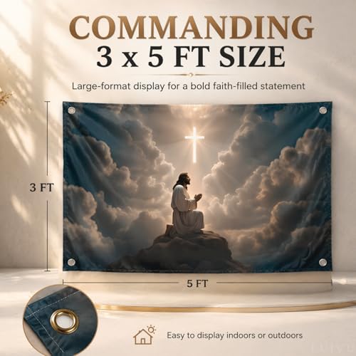 3x5 Feet Jesus Cross Polyester Flag with Four Brass Grommets - Decoration Christian Jesus Outdoor or Indoor Flags - Cool Jesus Banner for Decor Home Room - God Wall Posters for Outside or Inside