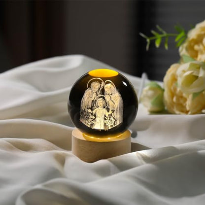 Arikyrist 3D Engraved Crystal Jesus Holy Family Statue Figurine, 3D Crystal Ball Holy Family Statue Catholic with Wooden Base, Crystal Praying Hands with Jesus Christian Religious Easter Gifts - color: 3d Holy Family