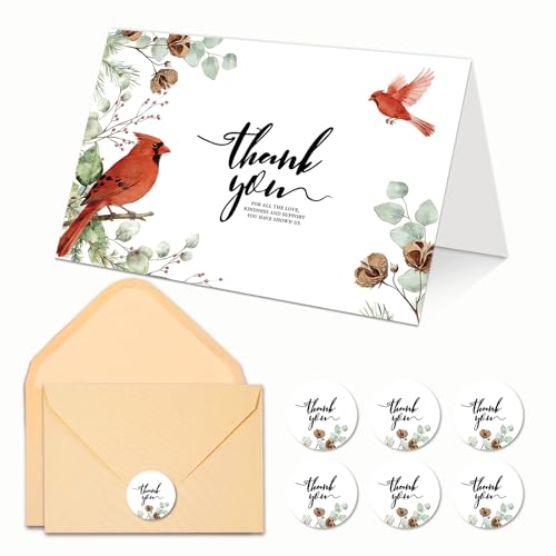 C2U 24 Pack Funeral Thank You Cards with Envelopes & Stickers – Cardinal Bird Branch Sympathy Cards for Bereavement, Memorial Service – Pre-Printed Condolence Cards with Space to Write – 4x6 Inch Acknowledgment Notes for Loved Ones (24)