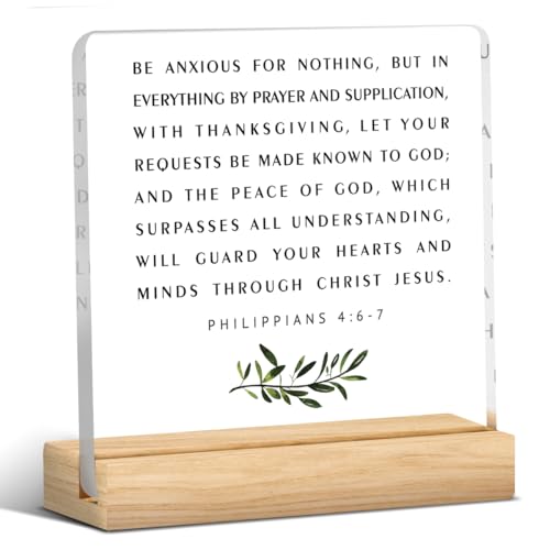Christian Desk Sign Decor, Philippians 4:6-7 Be Anxious for Nothing, Inspirational Bible Verse Acrylic Sign for Home Office Religious Prayer Room Bathroom Living Room Decoration - color: Philippians 4:6-7