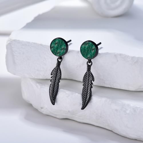 Black Dangle Drop Earrings 925 Sterling Silver Turquoise Earrings Jewelry Gifts for Women Men - style: Feather-Malachite