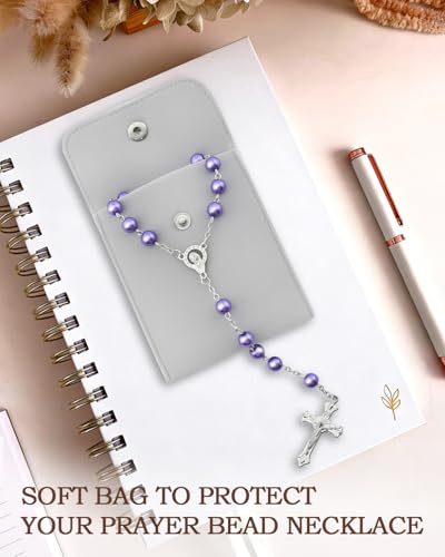 Rosary Beads for Women - Catholic Rosary Beads with Cross, Pink Crystal Rosary Necklace with Velvet Pouch, Religious Gifts for Women - color: Purple