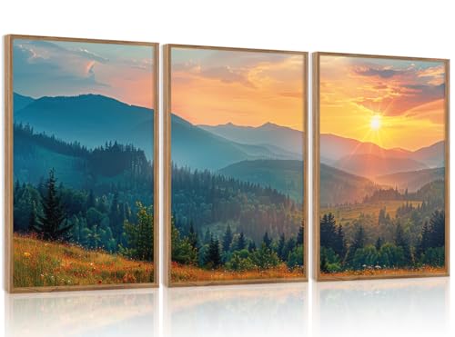 Aurlan 3 Pcs Mountain Sunset Framed Canvas Wall Art 16x24 Inch - color: Boho Mountain Sunset Landscape, size: 16"x24"